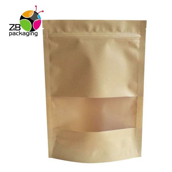 Low MOQ 17cm*24cm*4*2cm Resealable Ziplock Brown Kraft Paper Standing Up Pouches Food Packaging Clear Window Bags With Zipper